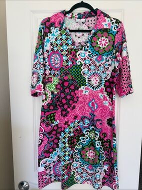 Jude Connally Pink Multi-Pattern V-Neck Midi Dress